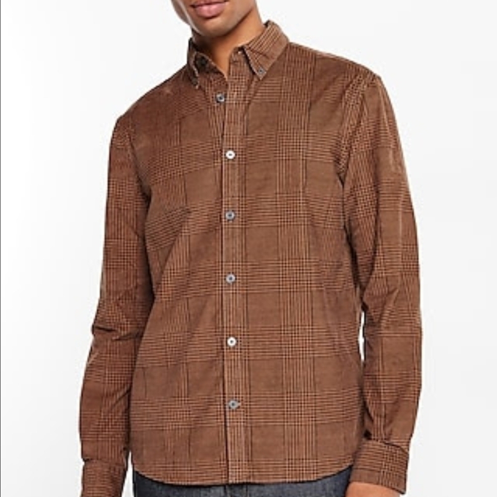 Men's Express Brown Corduroy Shirt Button Up Long Sleeve Plaid Houndstooth XL